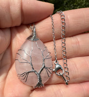 Rose Quartz Tree of Life Silvertone Necklace