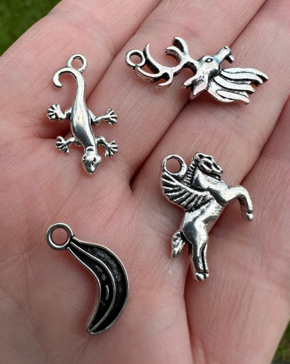 Set Of Four Silver Metal Charms/Pendants Pegasus & More