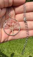 Rose Quartz Tree of Life Silvertone Necklace