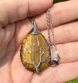 Tigers Eye Tree of Life Silvertone Necklace