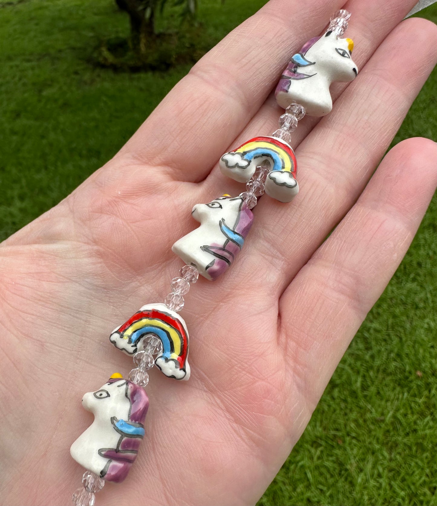 Cute Unicorn & Rainbow Glass Bead Strand