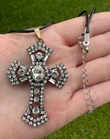 Silvertone Gothic Cross and Cord Necklace