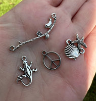 Set of Four Silvertone Metal Charms/Pendants Seashell & More