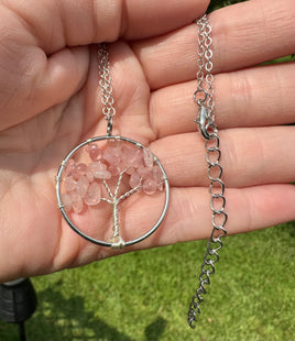 Rose Quartz Tree of Life Silvertone Necklace