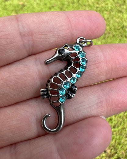 Silvertone Seahorse with Blue Stones Pendant