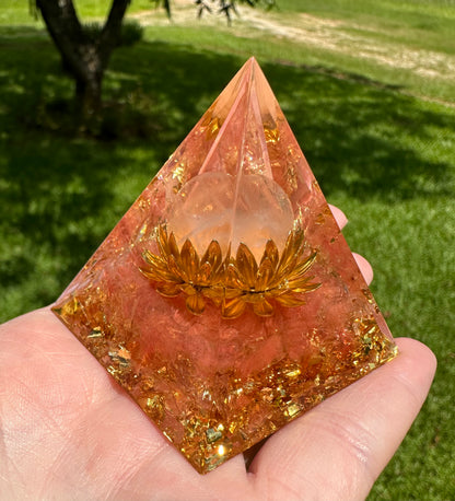 Gold & Peach/Pink Lotus Flower Orgonite Pyramid #16