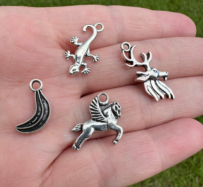 Set Of Four Silver Metal Charms/Pendants Pegasus & More