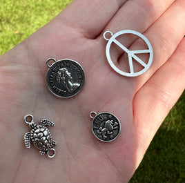 Set of Four Silvertone Metal Charms/Pendants Peace Sign & More