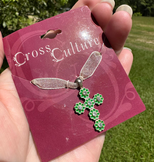 Silvertone & Green Cross Necklace