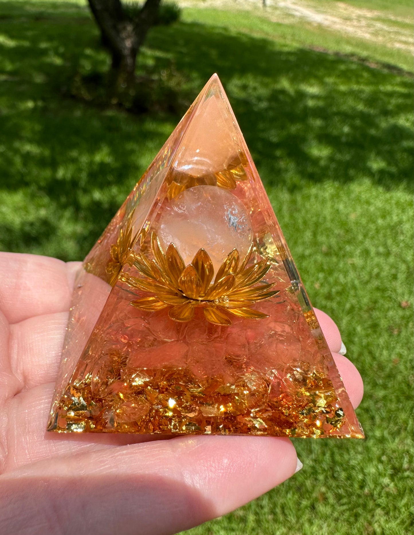 Gold & Peach/Pink Lotus Flower Orgonite Pyramid #16